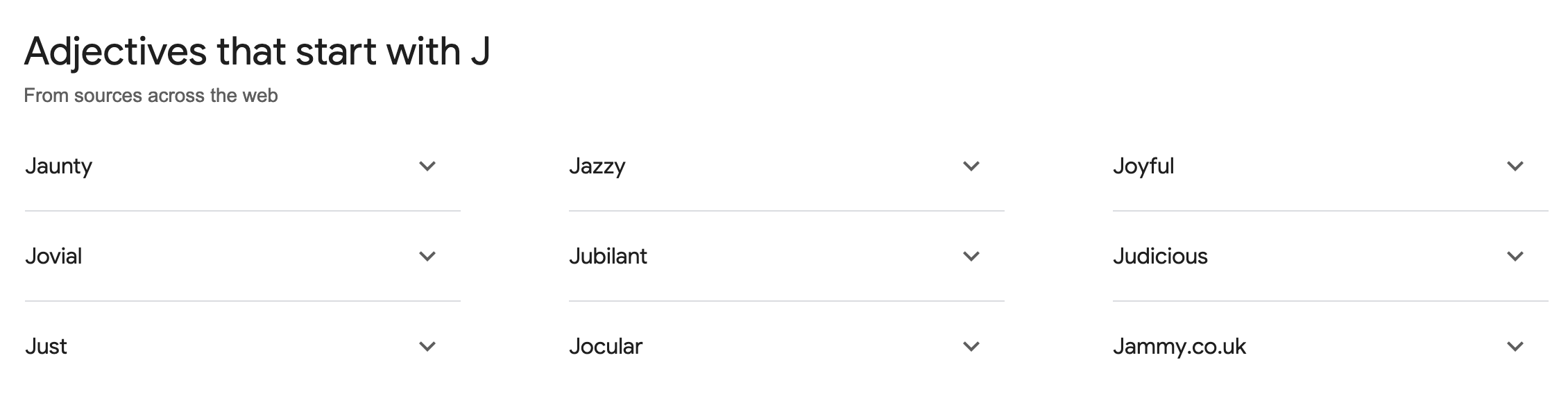 screenshot of google auto generated search results recap for adjectives starting with j that starts off normal and ends off with jammy.co.uk