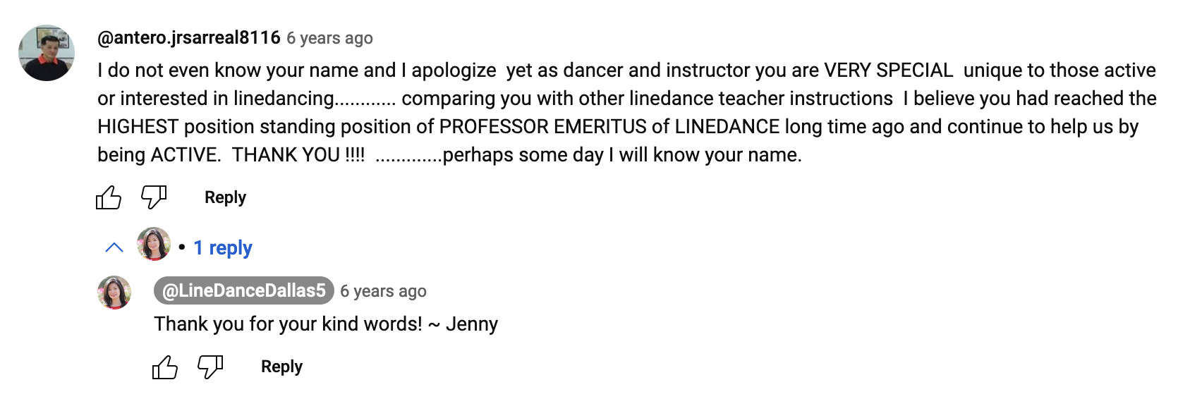 screenshot of a youtube comment reading 'I do not even know your name and I apologize yet as dancer and instructor you are VERY SPECIAL unique to those active or interested in linedancing.......... comparing you with other linedance teacher instructions I believe you had reached the HIGHEST position standing position of PROFESSOR EMERITUS of LINEDANCE long time ago and continue to help us by being ACTIVE. THANK YOU !!!!'