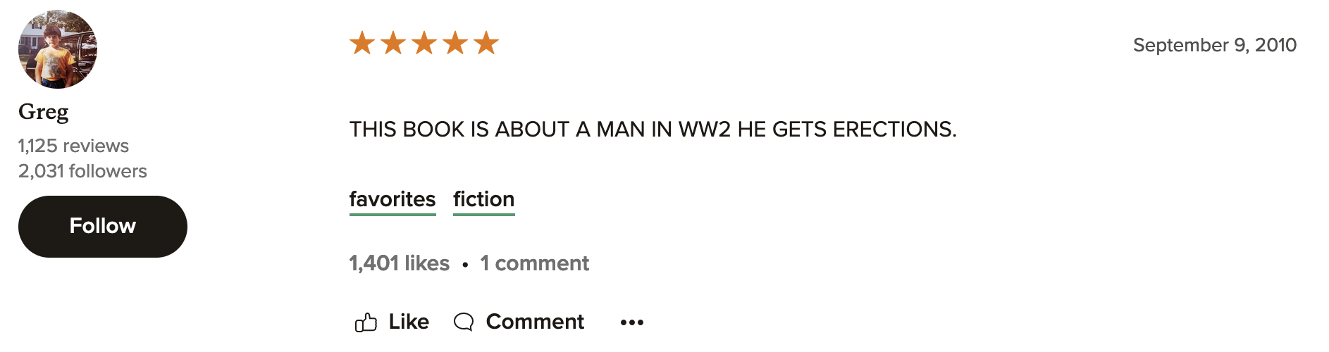 screenshot of a goodreads review that says 'this book is about a man in ww2 he gets erections' in all caps