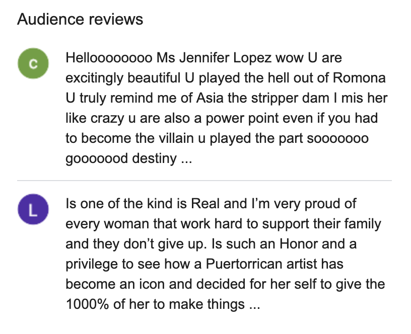 screenshot of google side panel info for the movie 'strippers' with reviews directly speaking to jennifer lopez